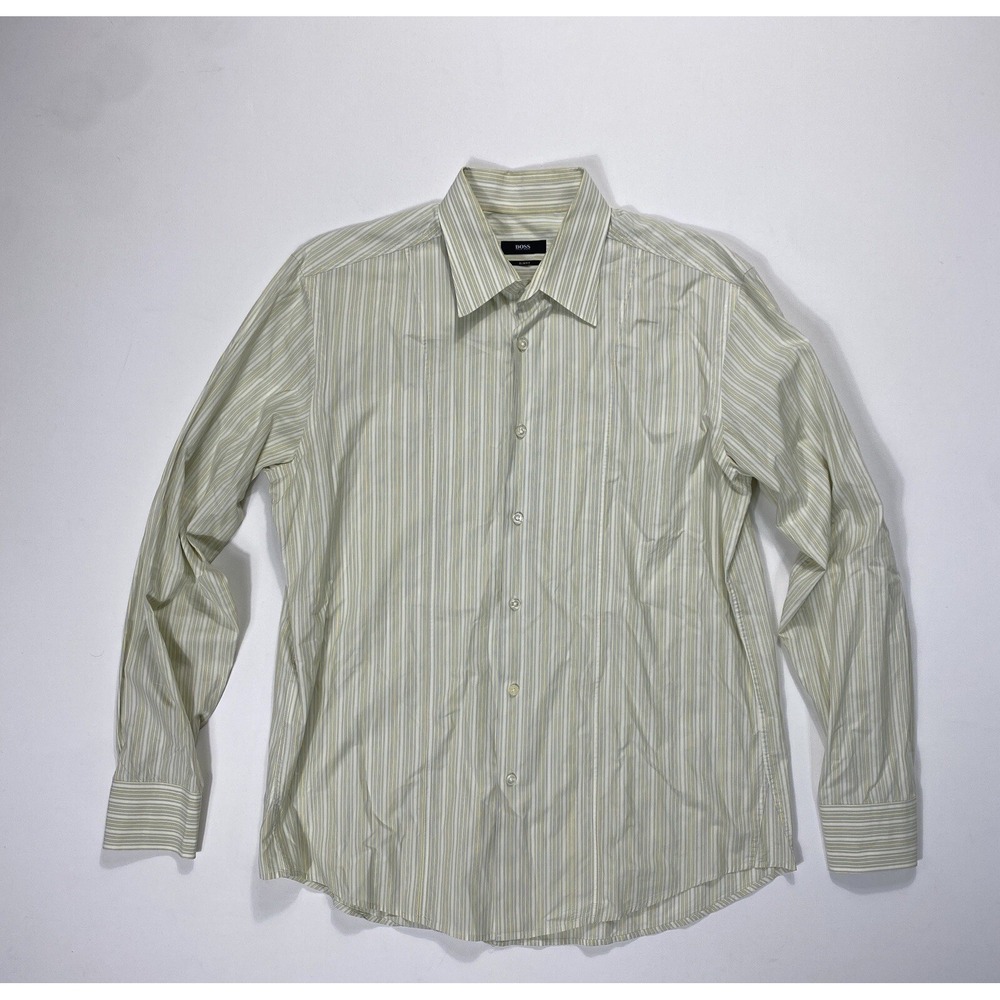 Hugo Boss Casual Button Dress Shirt XL Slim Fit Yellow Striped Modern Preppy
